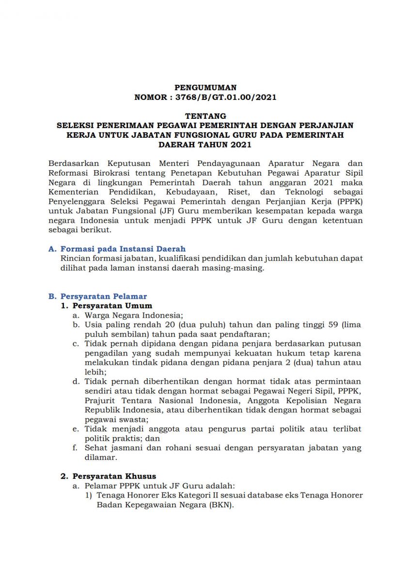 Pengumuman Tentang Pppk Guru 2021 Dari Kemendikbud - bkpsdm